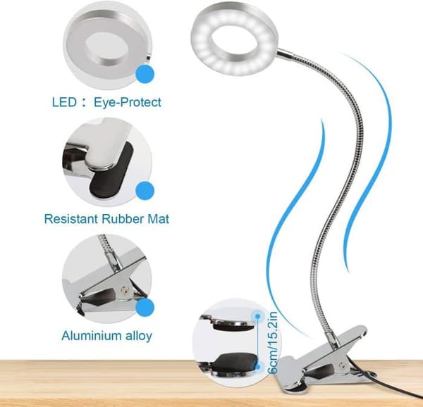 8W Skrivbordslampa Med Klämma 48 LED Flexibel 360° Ljudlampa Klämma 3 Belysningslägen &amp; 10 Ljusstyrkenivåer Skrivbordslampa