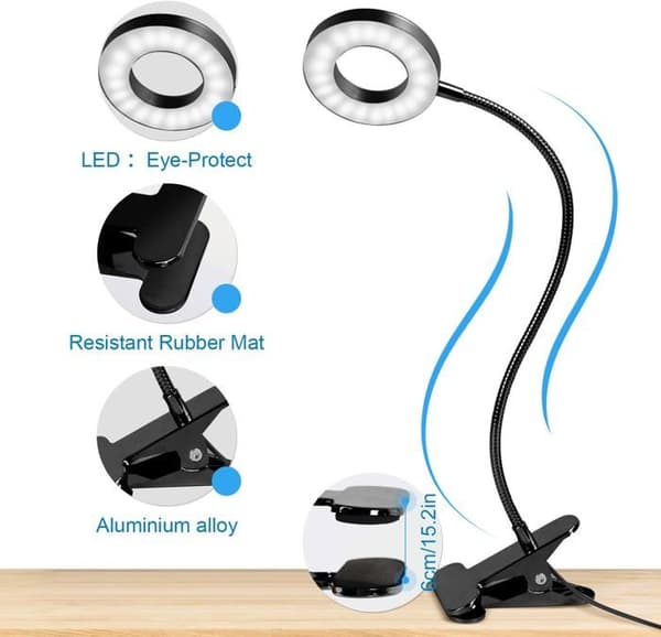 Flexibel 360° klämbordslampa, 40 LED med 3 ljusstyrkenivåer, modern svart design