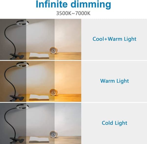 Flexibel 360° klämbordslampa, 40 LED med 3 ljusstyrkenivåer, modern svart design
