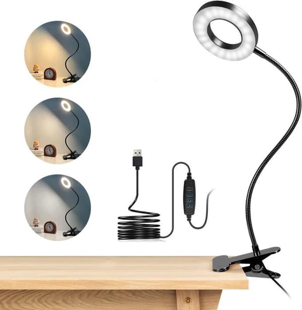 Flexibel 360° klämbordslampa, 40 LED med 3 ljusstyrkenivåer, modern svart design