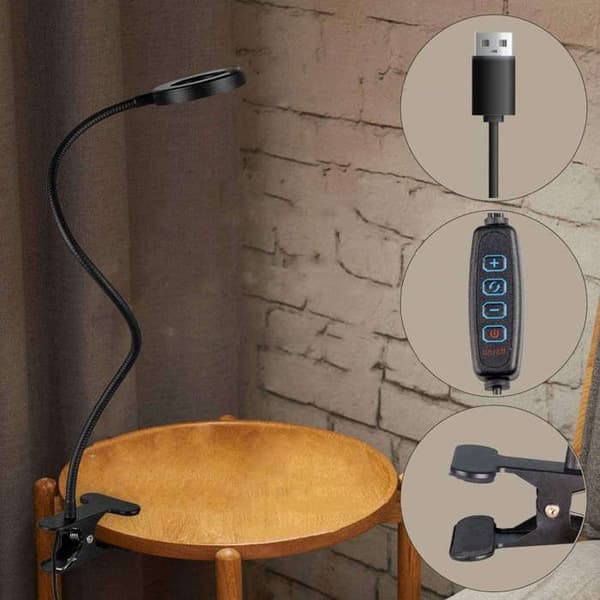 Flexibel LED-ringlampa med klämma för skrivbord, flexibel, universell, USB-fjärrkontroll svart