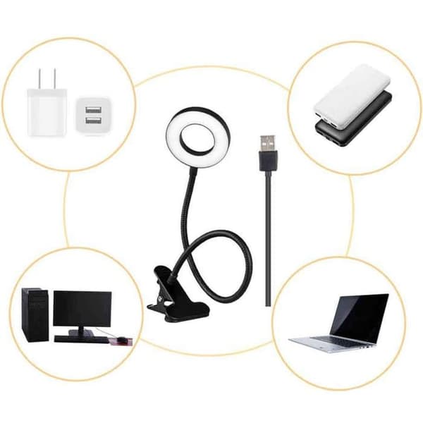 Flexibel LED-ringlampa med klämma för skrivbord, flexibel, universell, USB-fjärrkontroll svart