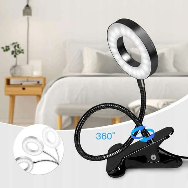 Flexibel LED-ringlampa med klämma för skrivbord, flexibel, universell, USB-fjärrkontroll svart