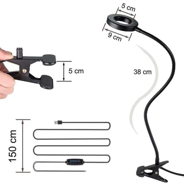 Flexibel LED-ringlampa med klämma för skrivbord, flexibel, universell, USB-fjärrkontroll svart