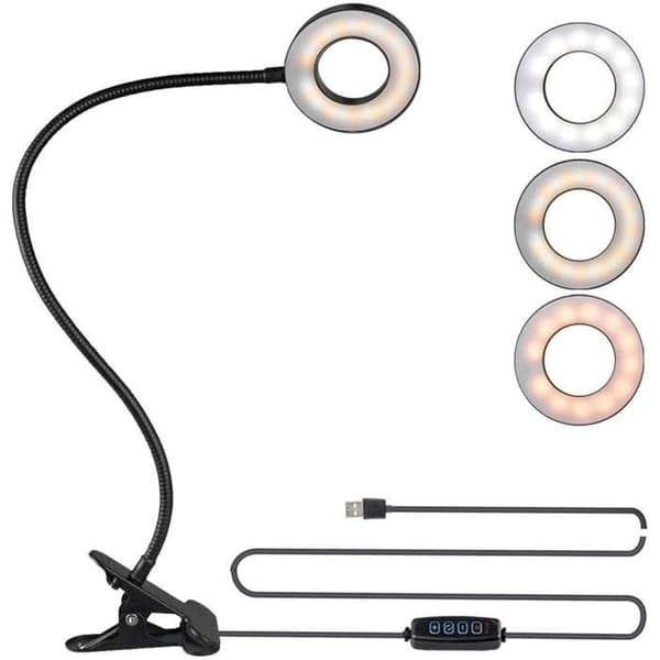 Flexibel LED-ringlampa med klämma för skrivbord, flexibel, universell, USB-fjärrkontroll svart