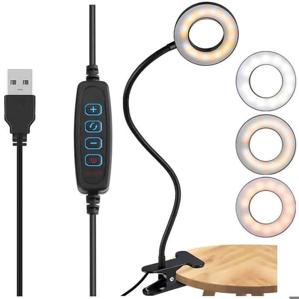 Flexibel LED-ringlampa med klämma för skrivbord, flexibel, universell, USB-fjärrkontroll svart