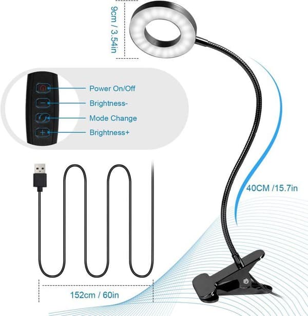 Skrivbordslampa med klämma 48 LED flexibel 360° Läslampa med klämma 3 belysningslägen & 10 ljusstyrkenivåer LED USB för E