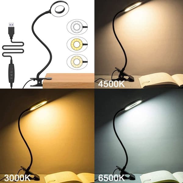 Skrivbordslampa med 360° Flexibel Klämma 40cm – 3 Läge & 10 Justerbara Ljusstyrkor, USB Klämbar för Kontor/Studie (Ögonskydd)
