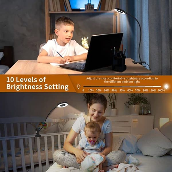 Skrivbordslampa med flexibel klämma 360° 70cm – LED-ljus utan flimmer, 3 temperaturer & 10 nivåer, klämma för säng/skrivbord