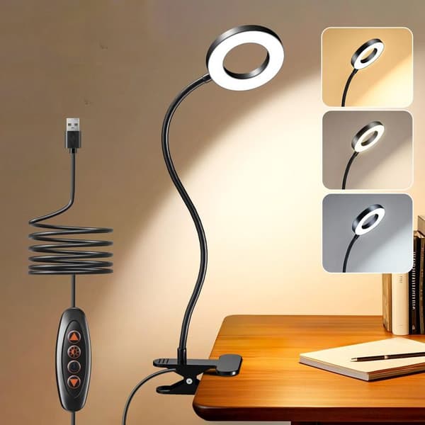 Skrivbordslampa med flexibel klämma 360° 70cm – LED-ljus utan flimmer, 3 temperaturer & 10 nivåer, klämma för säng/skrivbord