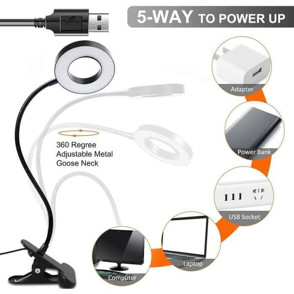 Klämbelysning för Läsning, 3 Färger 10 Ljusstyrka, USB Skrifbordslampa 48 LED, Flexibel 360 ° Gås Nack Kläm Lampe (2 Pack)
