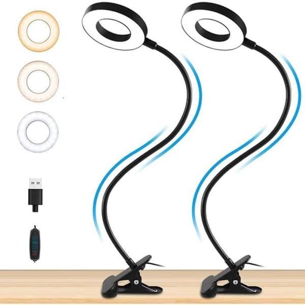 Klämbelysning för Läsning, 3 Färger 10 Ljusstyrka, USB Skrifbordslampa 48 LED, Flexibel 360 ° Gås Nack Kläm Lampe (2 Pack)