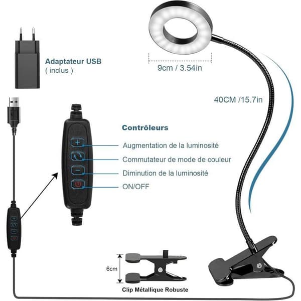 Skrivbordslampa med Flexibel Klammer 360° Lampa för Läsning Med Klämfäste 3 Ljusstyrkor & 10 Nivåer av Ljusstyrka Led USB, Svart