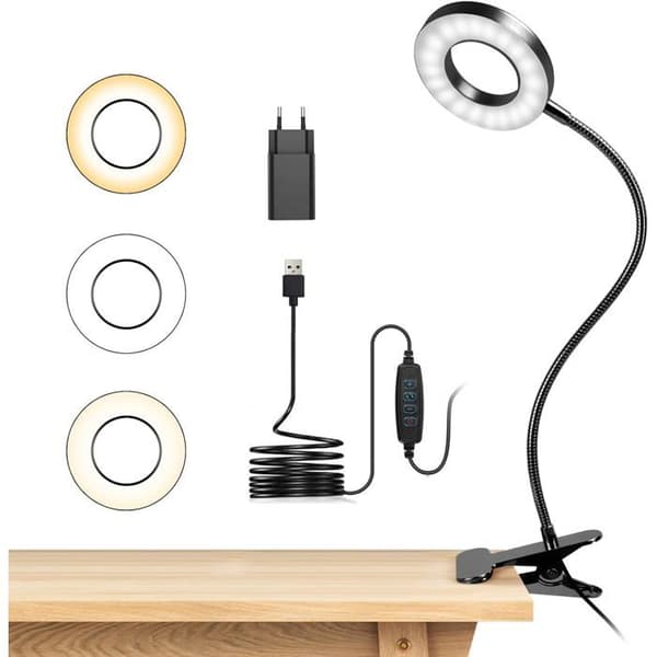 Skrivbordslampa med Flexibel Klammer 360° Lampa för Läsning Med Klämfäste 3 Ljusstyrkor &amp; 10 Nivåer av Ljusstyrka Led USB, Svart