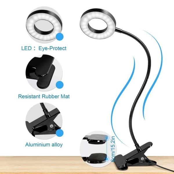 Clip-on LED-skrivbordslampa 360° Flexibel - 3 Läge Belysning Studie Arbete