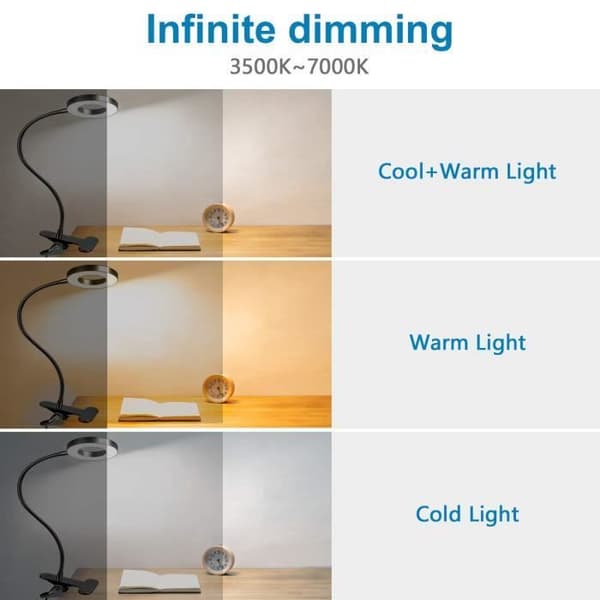 Clip-on LED-skrivbordslampa 360° Flexibel - 3 Läge Belysning Studie Arbete