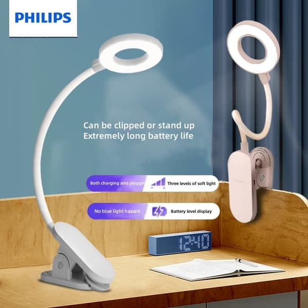 Philips genopladelig øjenbeskyttelseslampe med clips til sovesal, læse- og studiefunktion, speciel sengelampe med clips