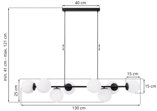 HÄNGLAMPA SIENA SVART 8-FLAT VIT LAMPSKÄRM E14