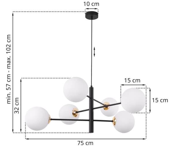 VICENZA SVART OCH GULD HÄNGLAMPA 6-FLAT VIT LAMPSKÄRM E14