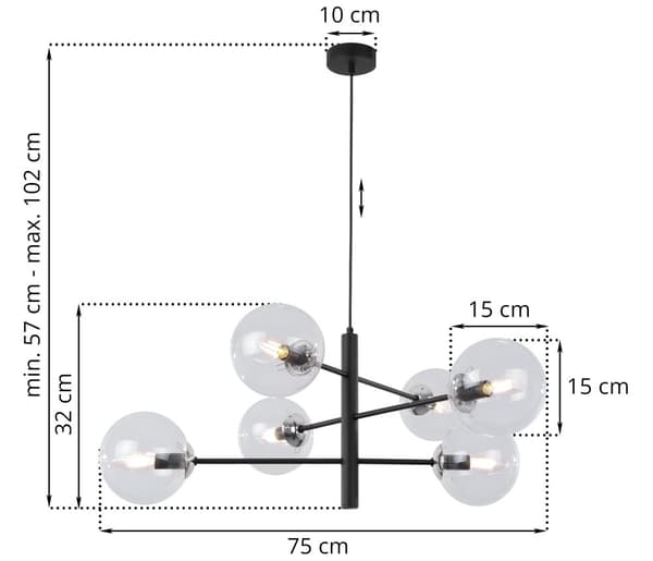VICENZA HÆNGELAMPE SORT KROM 6-FLAD KLAR LAMPE E14