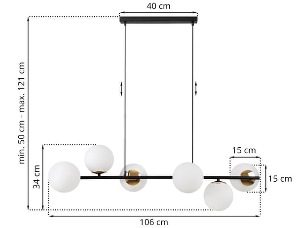 HÄNGLAMPA SIENA SVART OCH GULD 6-FLAT VIT LAMPSKÄRM E14
