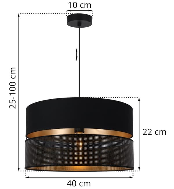 ASTI DUO SVART HÄNGLAMPA 1-PLATS SVART-GULD LAMPSKÄRM T-S 40CM