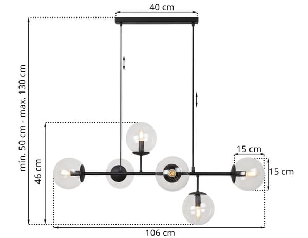 SIENA SORT LOFTSLAMPE 6-FLAD LAMPESKÆRM FRI E14 LANG ARM