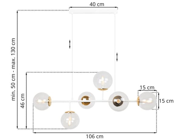 SIENA TAKLAMPA VIT-GULD 6-FLAT LAMPSKÄRM FRI E14 LÅNG ARM