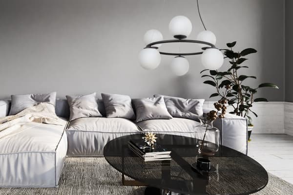 HÄNGLAMPA AURA SVART 6-FLAT VIT LAMPSKÄRM E14