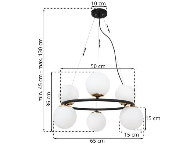 HÄNGLAMPA AURA SVART OCH GULD 6-FLAT VIT LAMPSKÄRM E14