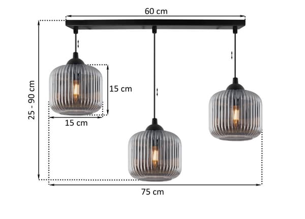 RIFFEL SVART HÄNGLAMPA 3-PLATS GRAFIT LAMPSKYLL CYLINDER E27