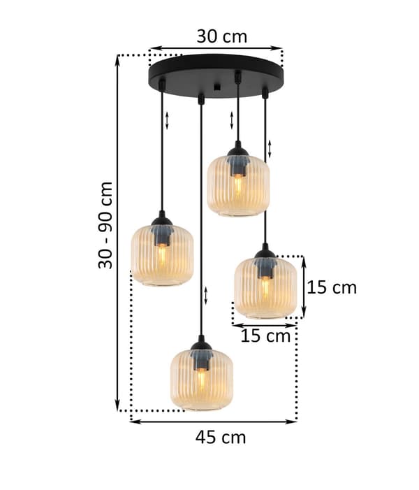 RIFFEL SVART HÄNGLAMPA 4-PLAT HONIG LAMPSKYLL CYLINDER E27