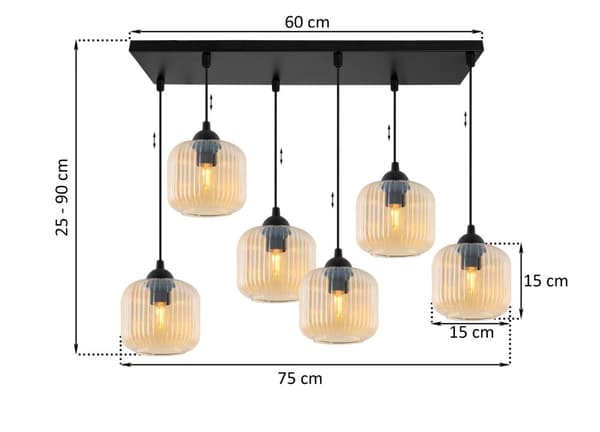 RIFFEL SVART HÄNGLAMPA 6-PLATTA HONIG LAMPSKÄRM CYLINDER E27