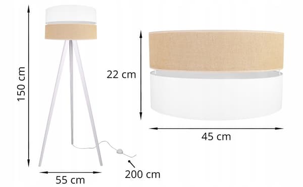 STATIV GOLVLAMPA TRÄ LAMPSKÄRM 45CM VIT