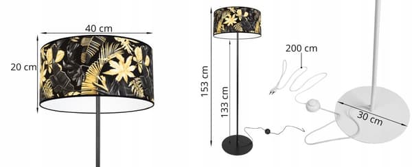 GULVLAMPE ELEGANT LAMPESKÆRM GULDNE BLOMSTER LED