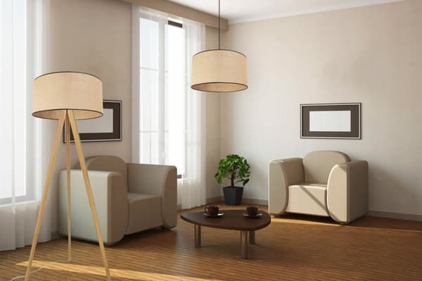 GOLVLAMPA STÅENDE STATIV TRÄ LAMPSKÄRM 45CM