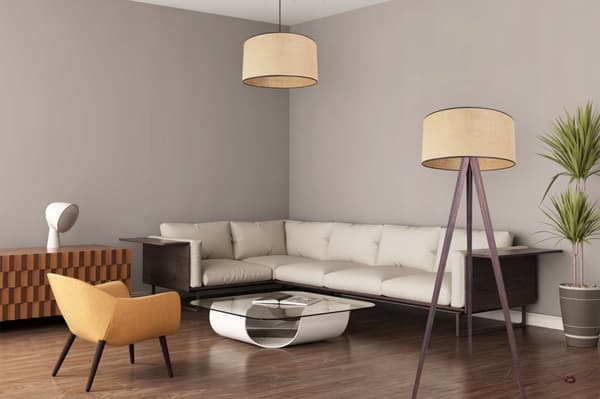 GOLVLAMPA STÅENDE STATIV TRÄ LAMPSKÄRM 45CM