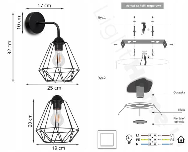 ELEGANT VÄGGLAMPA RETRO WIRE SVART LOFT