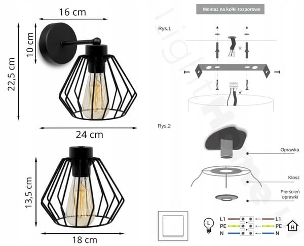 ELEGANT VÄGGLAMPA RETRO WIRE SVART LOFT