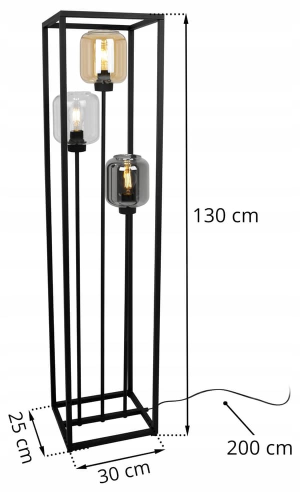 SVART LOFT-GOLVLAMPA GLASSKÄRMOR