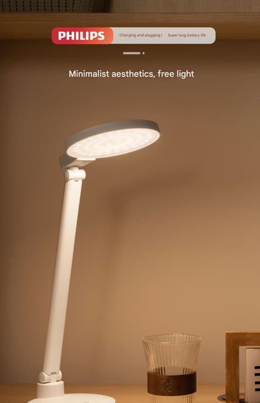 Philips øjenbeskyttelsesbordslampe til studerende, genopladelig, indbygget sengelampe, skrivebord med dobbelt funktion