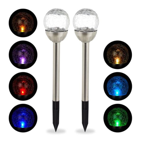 Relaxdays LED Solar Light Set, Spike, Trädgårdsdekoration, Belysning, Set om 2, Färgbyte, Silver
