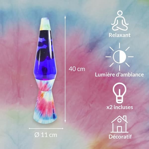 Lavalampa - FISURA - Tie Dye - Flerfärgad bas - Lila vätska - 40 cm