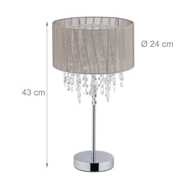 Relaxdays Crystal Bordslampa, Organza Skärm, Rund Sockel, Nattljus, HxD, Grå/Silver 43 x 24 Grå/Silver