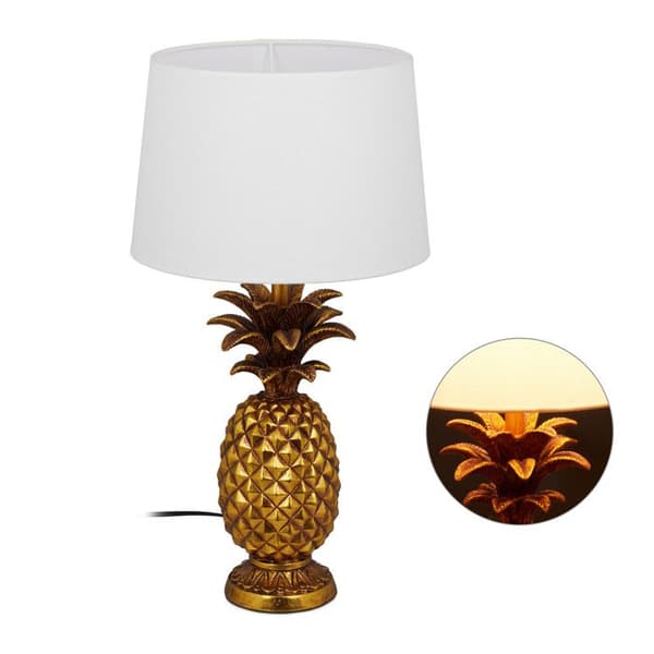 Relaxdays Pineapple Bordslampa, Modern med skärm, E27 Sockel, Dekoration, med Kabel, HxD 54 x 30 x 16 cm, Guld