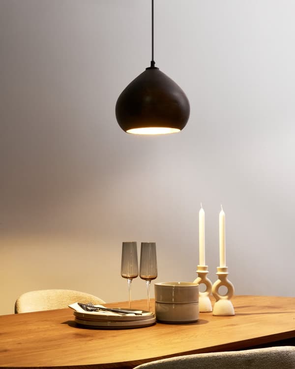 Pendellampe i Mørkebrunt Mangotre med Rund Skjerm Hengende Taklampe