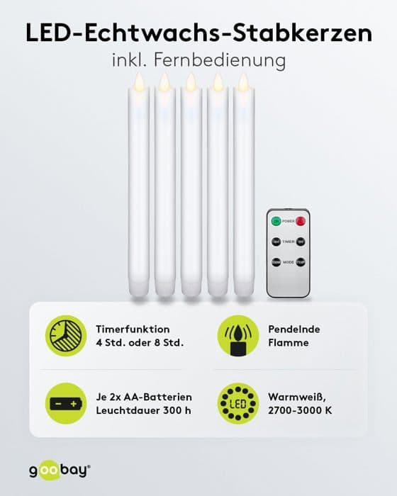 Goobay - 49867 - Set med 5 sladdlösa LED-ljus i äkta vax med fjärrkontroll, timer, trådlös, vit