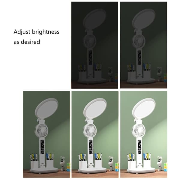Bomclap LED-Bordslampa med fläkt, klocka, 3200 mAh, uppladdningsbar USB, LED-lampa,LED-display, tid och temperatur, läslampa med fläkt
