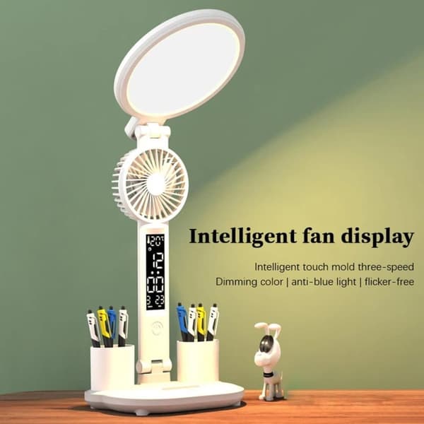 Bomclap LED-Bordslampa med fläkt, klocka, 3200 mAh, uppladdningsbar USB, LED-lampa,LED-display, tid och temperatur, läslampa med fläkt