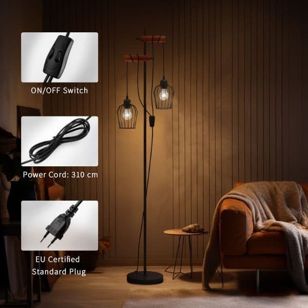 EMKE industriel gulvlampe – Dobbelt E27-fod, sort jernlampeskærm, brændt træfinish, 1,5 m høj
